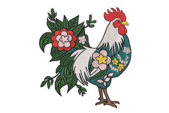 Floral Farmhouse Rooster: Rustic Embroidery Charm